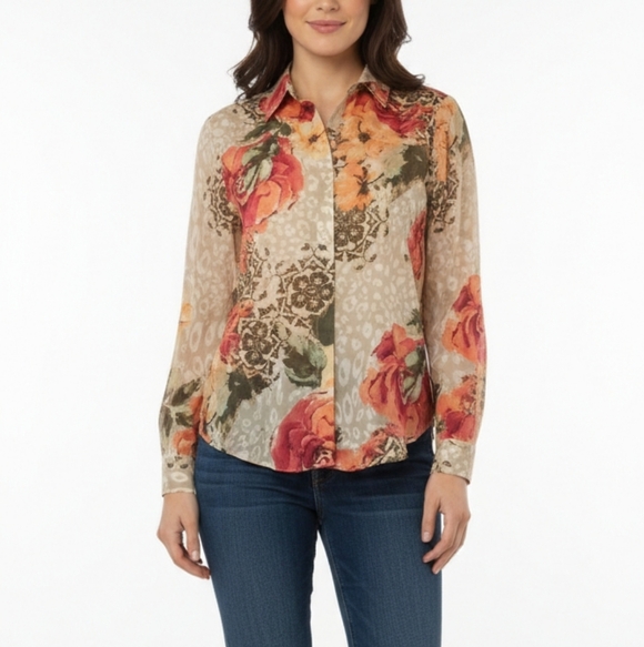 Chico's Women Shirt Size 0 Beige Floral Button Down Shirt - Picture 4 of 15